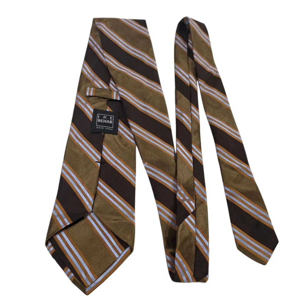 Ike Behar 7-Fold Mens Tie Necktie Designer Luxury Brown Blue‎ Stripe Cotton Silk